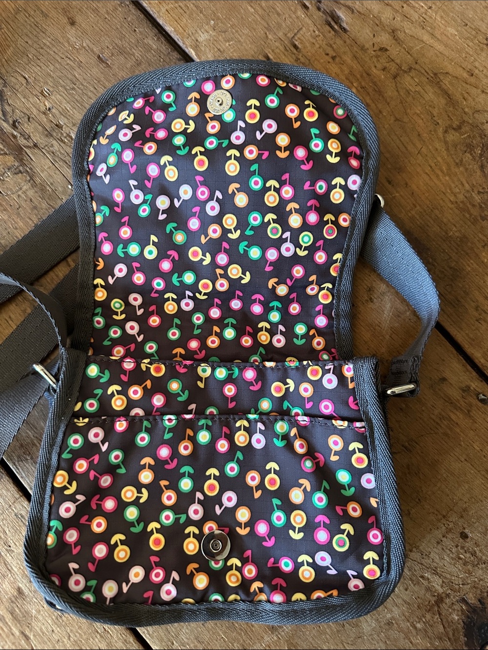 Lesportsac Black Crossbody Bag with Discontinued Multicolor Dot Floral Pattern - Picture 3 of 11